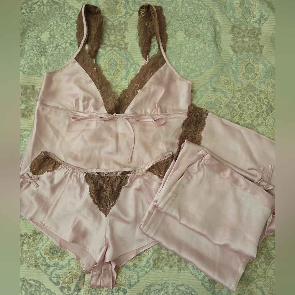Victoria's Secret Pink and Brown Lace 3 pc. Pajama Set